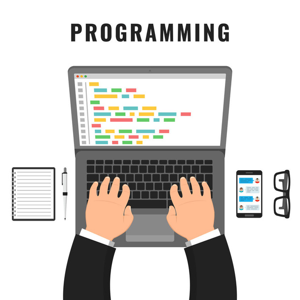 Programmer coding on laptop computer on work desk. Code on the screen laptop. Vector illustration. - Vector, Image