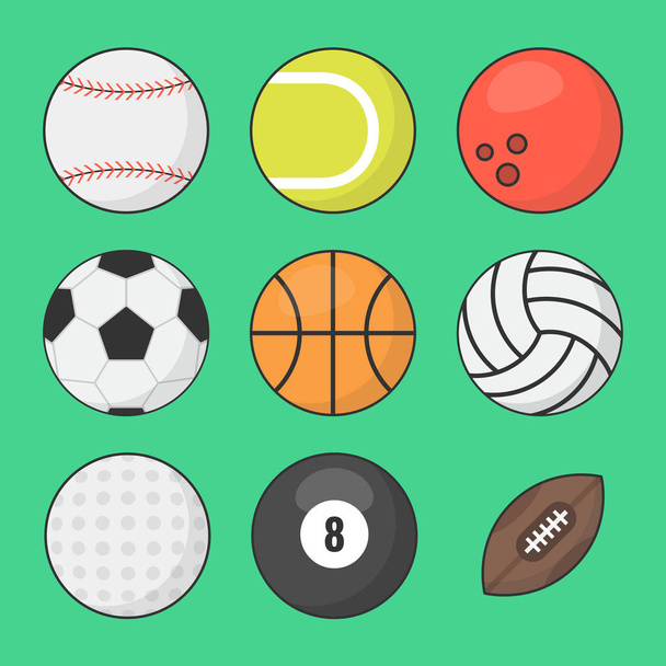 Sports balls vector set. Basketball, soccer, tennis, football, baseball, bowling, golf, volleyball. Flat vector illustration.  - Vector, Image
