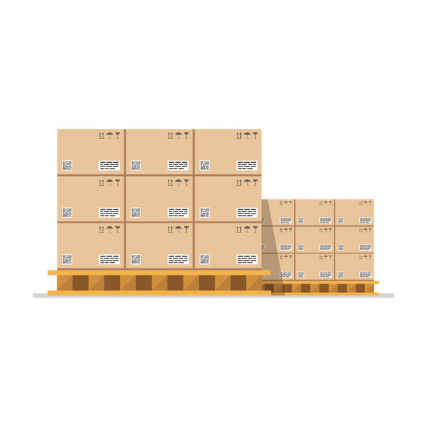 Cardboard boxes with fragile signs and barcode on wooded pallet. Vector illustration.  - Vector, Image