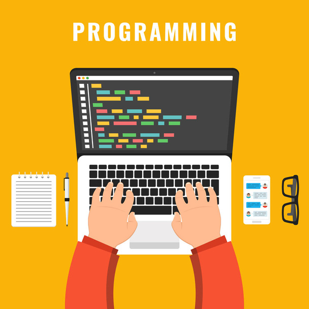 Programmer coding on laptop computer on work desk. Code on the screen laptop. Vector illustration. - Вектор,изображение