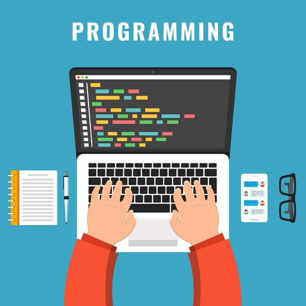 Programmeur codering op laptopcomputer Bureau. Code op de laptop scherm. Vectorillustratie. - Vector, afbeelding