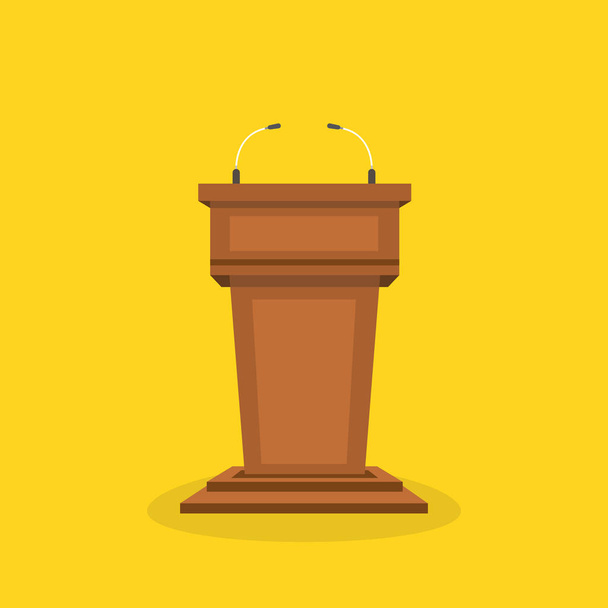 Wooden podium tribune stand rostrum with microphones on yellow. Flat cartoon style. Vector illustration. - Vector, Image