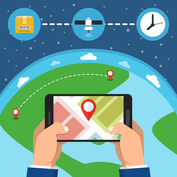 Mobile gps navigation map with pointer on screen smartphone. online concept. Earth on the background. Flat vector illustration.  - Vector, Image