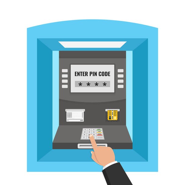 Уличный банкомат с рукой и кредитной картой. Плоский шарж в стиле. Векторная иллюстрация
. - Вектор,изображение