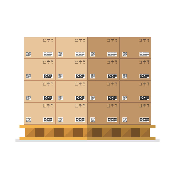 Cajas de cartón con signos frágiles y código de barras en palets arbolados. Ilustración vectorial
.  - Vector, imagen