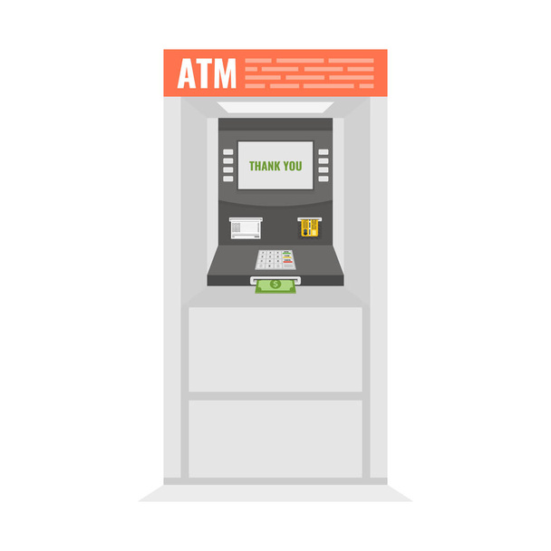 Geldautomat mit positiver Resonanz auf dem Bildschirm und Dollarnoten, die aus einem Schlitz ragen. Vektorillustration. - Vektor, Bild