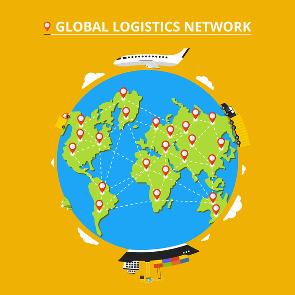 Réseau logistique mondial. Set icônes : camion, fourgon, avion, cargo. Transport à travers le monde. Illustration vectorielle plate
.  - Vecteur, image