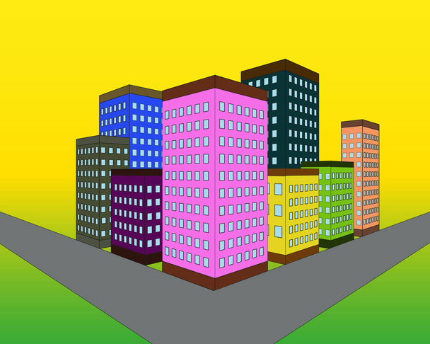 Набір векторних фасадів плоского стилю панельних будинків. Класичні блоки квартир архітектурних символів та елементів дизайну. Колекція для просування продуктів та реклами ізольована на кольоровому фоні
 - Вектор, зображення
