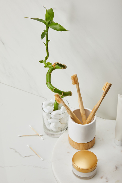 round board with toothbrushes in holder, cosmetic cream and toothpaste in tube near green bamboo stem in vase on white marble background - Photo, Image