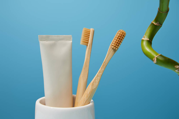 houder met bamboe tandenborstels, tandpasta in de buis en bamboe stammen op blauwe achtergrond - Foto, afbeelding