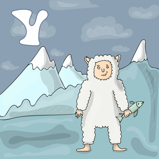 Alfabeto illustrato lettera Y e Yeti. ABC libro immagine vettoriale cartone animato. Yeti carattere mammifero vicino alle montagne
. - Vettoriali, immagini