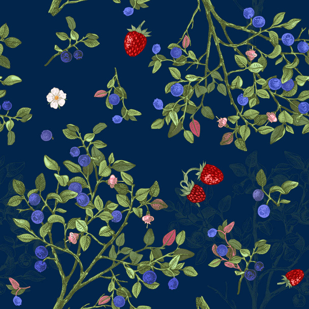Seamless pattrn with blueberry bushes - Vector, afbeelding