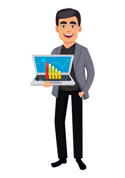 Geschäftsmann Zeichentrickfigur. schöner Geschäftsmann mit Laptop. Vektor-Illustration auf weißem Hintergrund - Vektor, Bild
