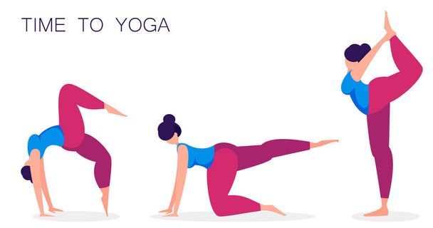 Yoga practice. Woman doing sport exercises and meditating, set of three poses. Cartoon character in flat style. Active healthy lifestyle. Vector illustration - Vector, Image