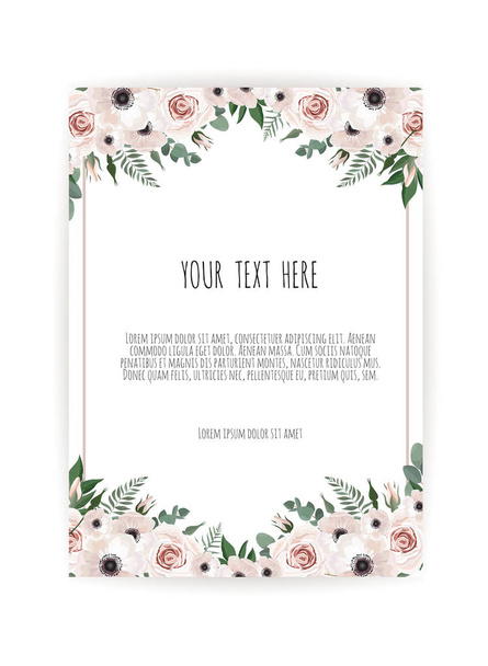 Vector floral design card. Greeting, postcard wedding invite template. Elegant frame with rose and anemone - Vector, Image
