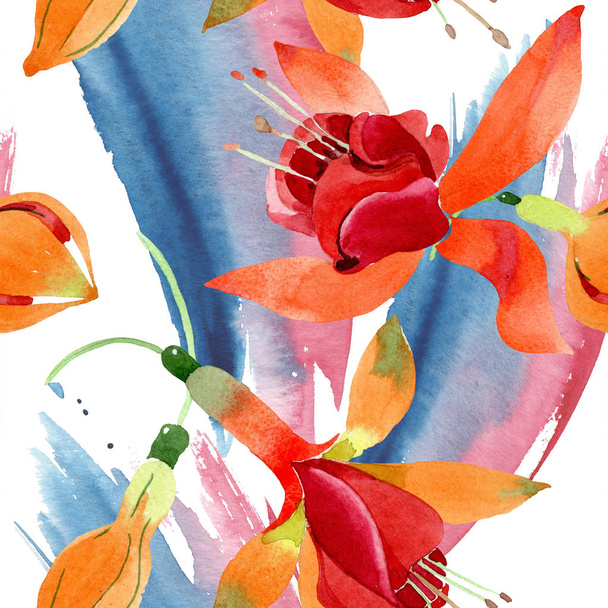 Червоно-оранжева фуксія квіткова ботанічна квітка. Набір ілюстрацій для акварельного фону. Безшовний візерунок тла
. - Фото, зображення