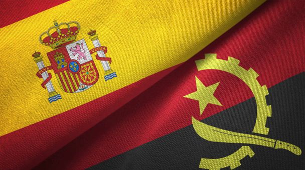 Hiszpania i Angola flagi razem relacje włókienniczych tkaniny, tekstura tkanina - Zdjęcie, obraz