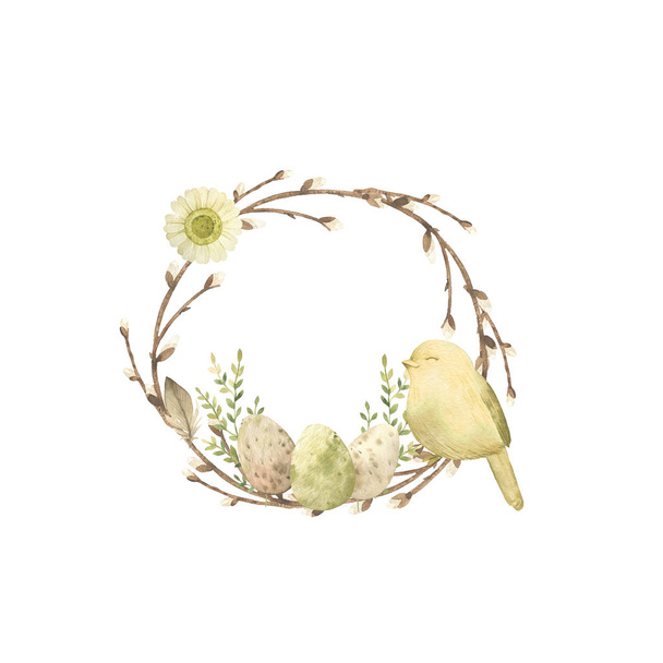 Hand drawn watercolor happy easter illustration. Wreath willow with bird. Spring holiday decoration. It's perfect for easter cards, posters, banners, prints. - Fotografie, Obrázek