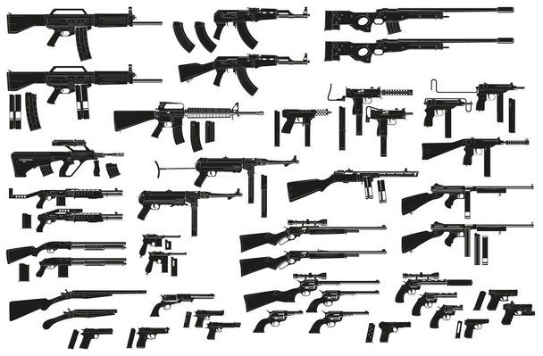 Pistolas, fusiles, submáquinas, revólveres y escopetas de silueta detallada en negro gráfico. Aislado sobre fondo blanco. Arma vectorial e iconos de armas de fuego listos. Vol. 2.
 - Vector, imagen