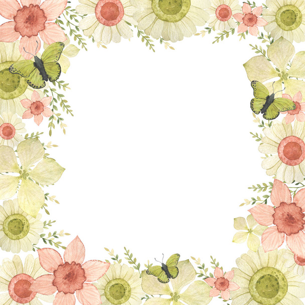 Frame watercolor green flower. Spring or summer design for invitation, wedding or greeting cards. - Фото, изображение