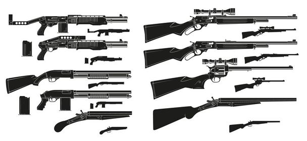 Gráfico en blanco y negro detallada silueta moderna y retro escopetas y rifles con clip de munición. Aislado sobre fondo blanco. Conjunto de iconos de vector
. - Vector, Imagen