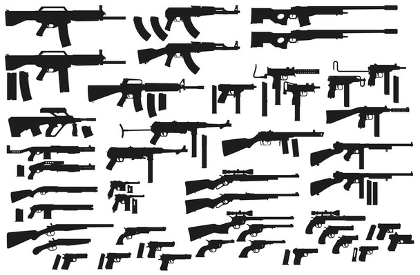 Grafik siyah siluet tabanca, tüfek, tüfek, submachines, tabanca ve av tüfeği ayrıntılı. Beyaz arka plan üzerinde izole. Vektör silah ve ateşli silah simgeler kümesi. Cilt 1 - Vektör, Görsel