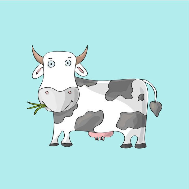 Witte schattige koe op blauwe achtergrond. Geïsoleerde stripfiguur vector - Vector, afbeelding
