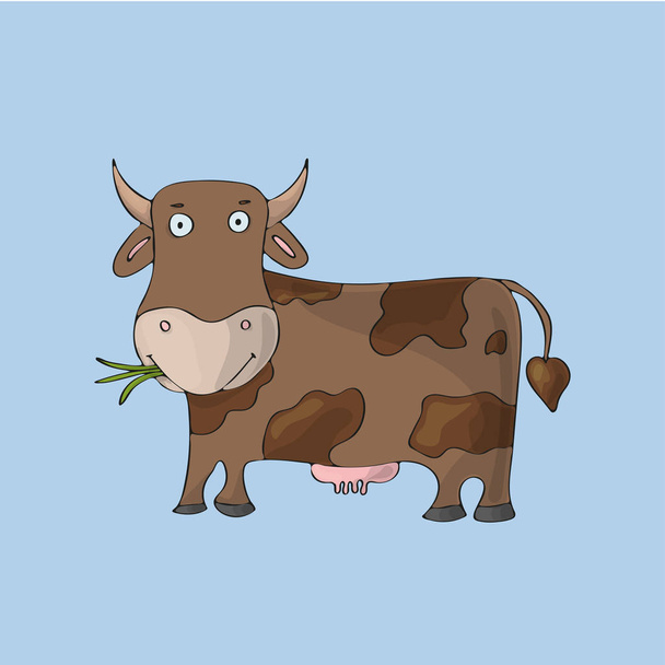 Brown cute cow on blue background. Isolated cartoon vector character - Vector, Image