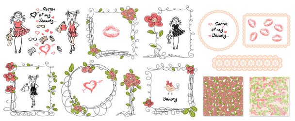 Bloemen meisjes doodle frames in de hand getekende stijl. De partij van de verjaardag. Bladeren en roze achtergrond vector. - Vector, afbeelding