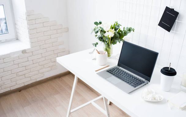 Stylish white professional office interior, minimalist loft workspace - Photo, Image