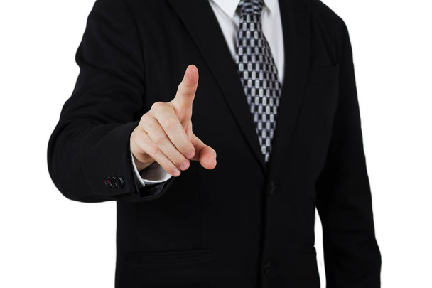 Businessman in Black Suit Pointing Index Finger Towards Camera. Focus On The Hand and Finger. Isolated On White Background - Photo, image