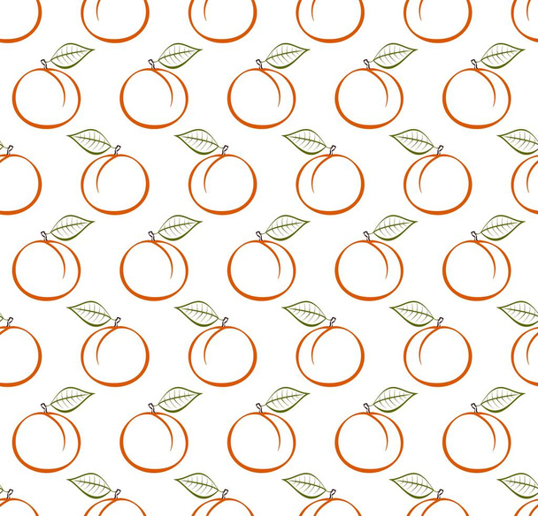 Background with contour of ripe orange peach with green stem with brown end and green leaf in row next to each other and alternately under him on white background. Ripe autumn natural home made fruit - Διάνυσμα, εικόνα