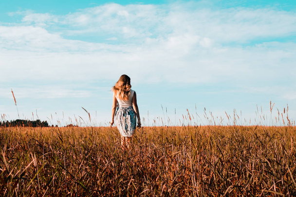 Young woman in dress walking along cereal field. Concept of happiness, loneliness, summer, countryside vacation - Fotoğraf, Görsel