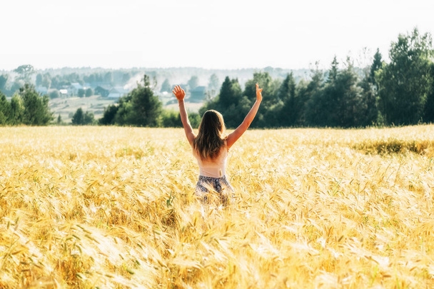 Portrait of a beautiful young woman in a dress walking through the wheat field - Foto, Bild