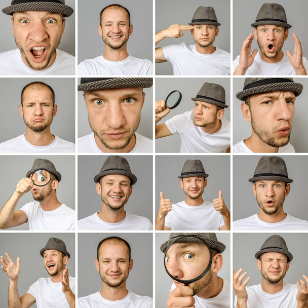 Set of young man's portraits with different emotions and gestures with magnifier and hat isolated over gray background - Fotografie, Obrázek