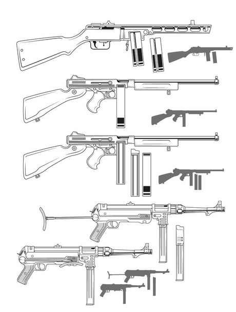 Γραφικό μαύρο και άσπρο Λεπτομερής παλιά ρετρό submachine πυροβόλα όπλα με πυρομαχικά κλιπ. Απομονωμένα σε λευκό φόντο. Διάνυσμα σύνολο εικονιδίων. - Διάνυσμα, εικόνα