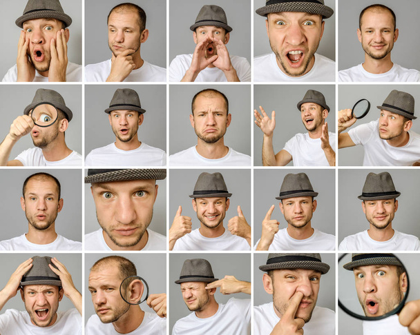 Set of young man's portraits with different emotions and gestures with magnifier and hat isolated over gray background - Фото, зображення