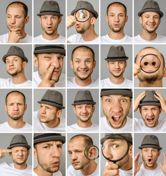 Set of young man's portraits with different emotions and gestures with magnifier and hat isolated over gray background - Фото, изображение