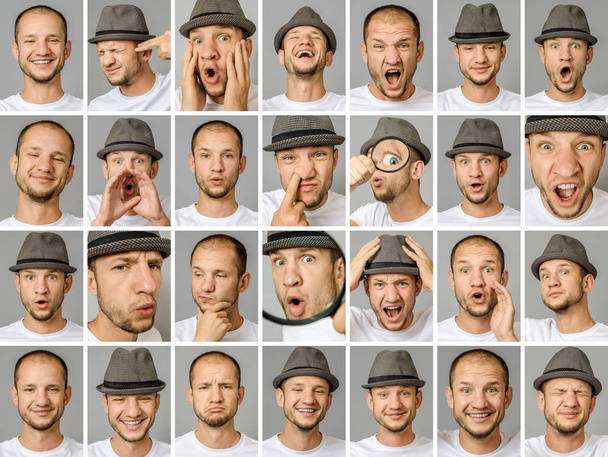 Set of young man's portraits with different emotions and gestures with magnifier and hat isolated over gray background - Foto, imagen