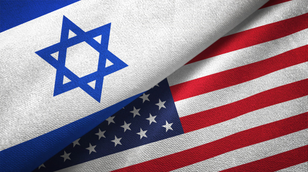 Israel and United States flags together textile cloth, fabric texture - Photo, Image