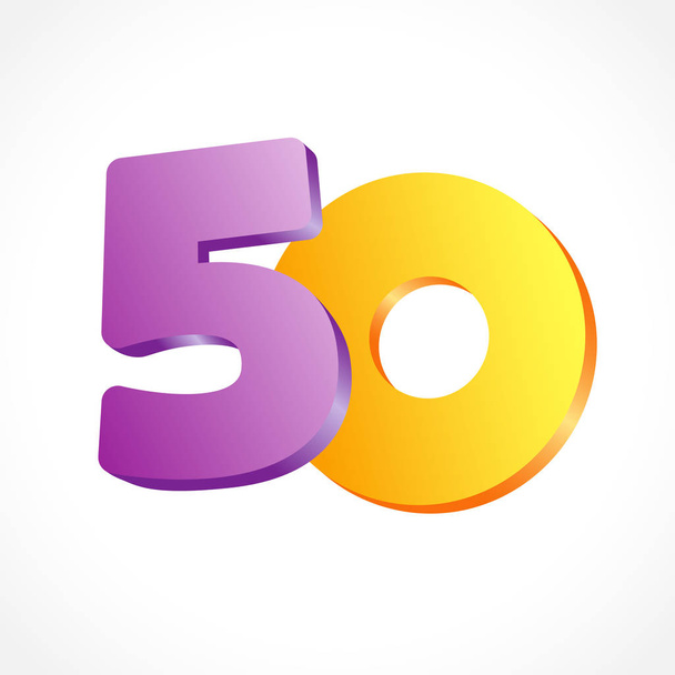 50 years anniversary logo. 50 th years old congrats. Isolated abstract colored graphic design template. Up to 50 or -50 % off logotype. Round shape 0. Violet 5 and gold null flying digits. Discount emblem on white background. - Vector, Image