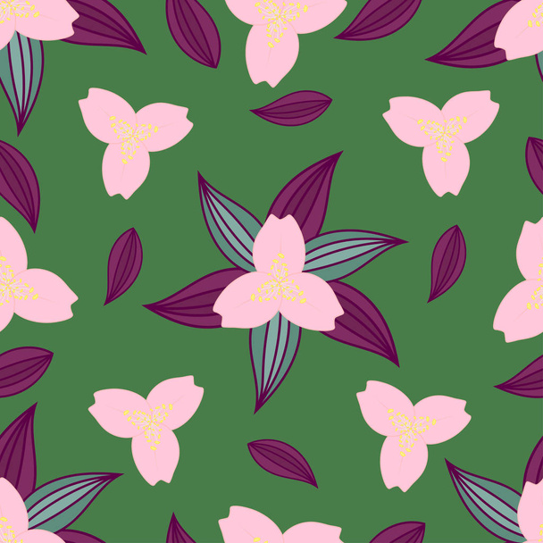Floral seamless pattern. Abstraction. On a green background are stylized stalks, flowers and leaves of a climbing plant. Vector illustration. - Вектор,изображение
