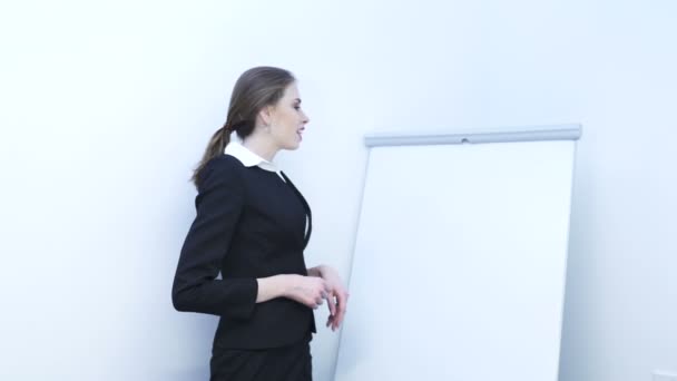       4K. Sexy business woman  show something information ,using flipchart. Presentation - Footage, Video