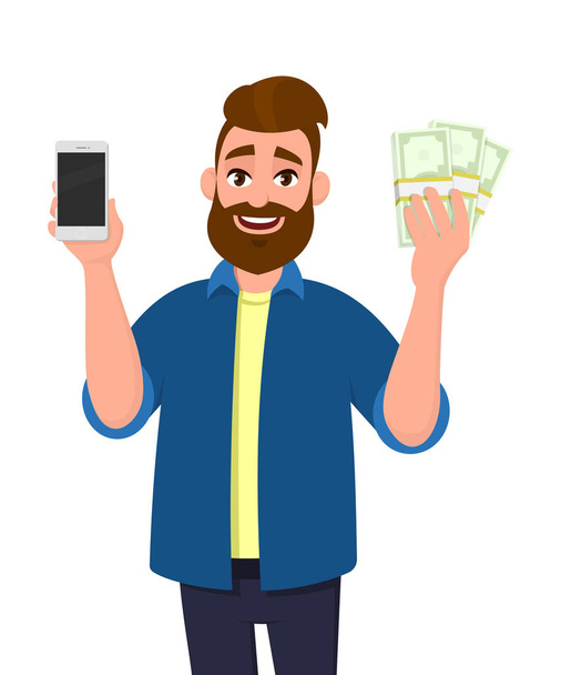 Ευτυχισμένος νέος άνθρωπος δείχνει ή κρατώντας ένα κινητό, κινητό, έξυπνο τηλέφωνο και μάτσο μετρητά, χρήματα, δολάριο, νόμισμα, Τράπεζα σημειώσεις στο χέρι. Κινητή τραπεζική και ψηφιακή πληρωμής έννοια απεικόνιση σε στυλ καρτούν. - Διάνυσμα, εικόνα