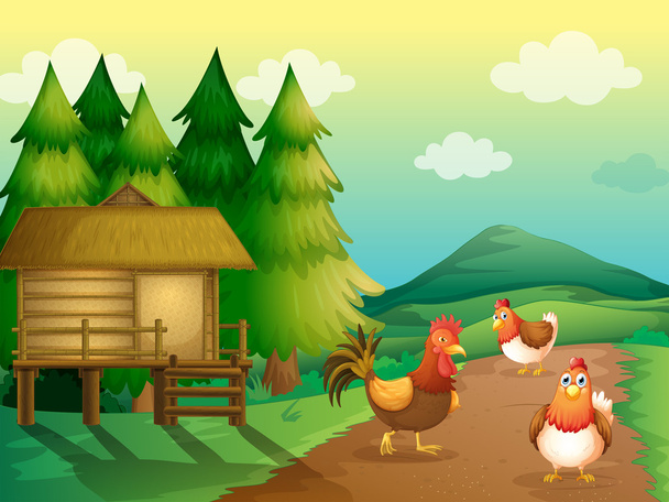 Una fattoria con polli e una casa natale
 - Vettoriali, immagini