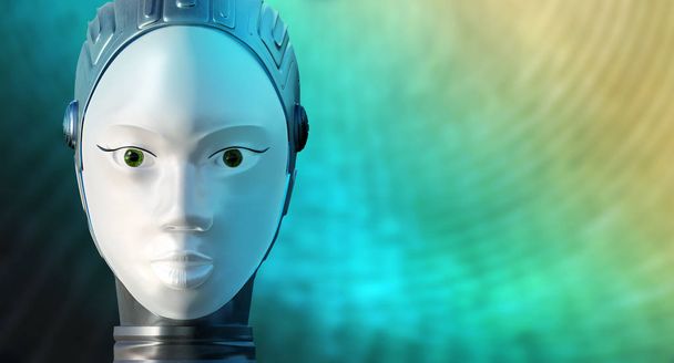 Close up face shot of female robot with chrome helmet  against green and yellow background. - Photo, Image