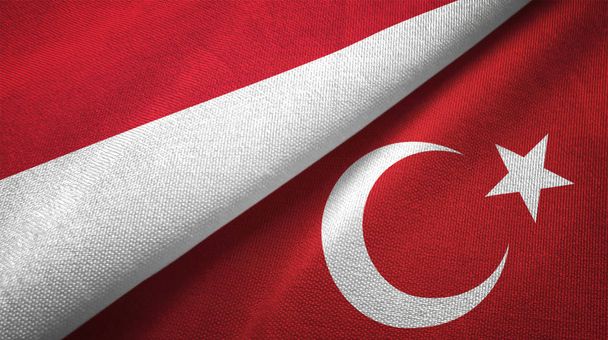 Ινδονησία και η Τουρκία σημαίες μαζί υφασμάτων πανί, υφή υφάσματος - Φωτογραφία, εικόνα
