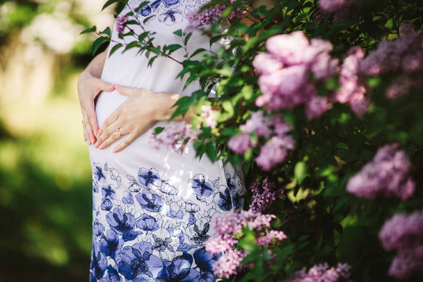 pregnant woman against blossoming tree in spring - Foto, Bild