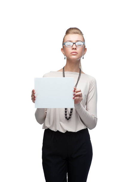Happy businesswoman with blank advertising banner on white - Foto, Imagen