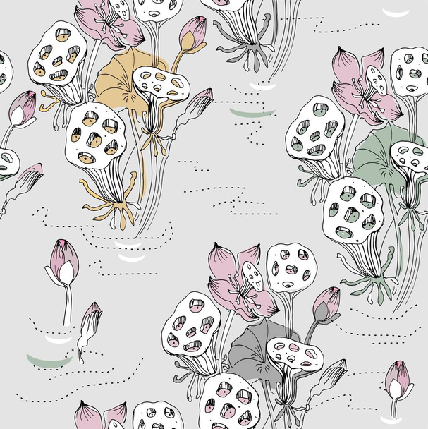 Flores y semillas de loto dibujadas a mano en colores negro, rosa, beige, verde, negro, blanco y gris sobre fondo gris claro
. - Vector, Imagen
